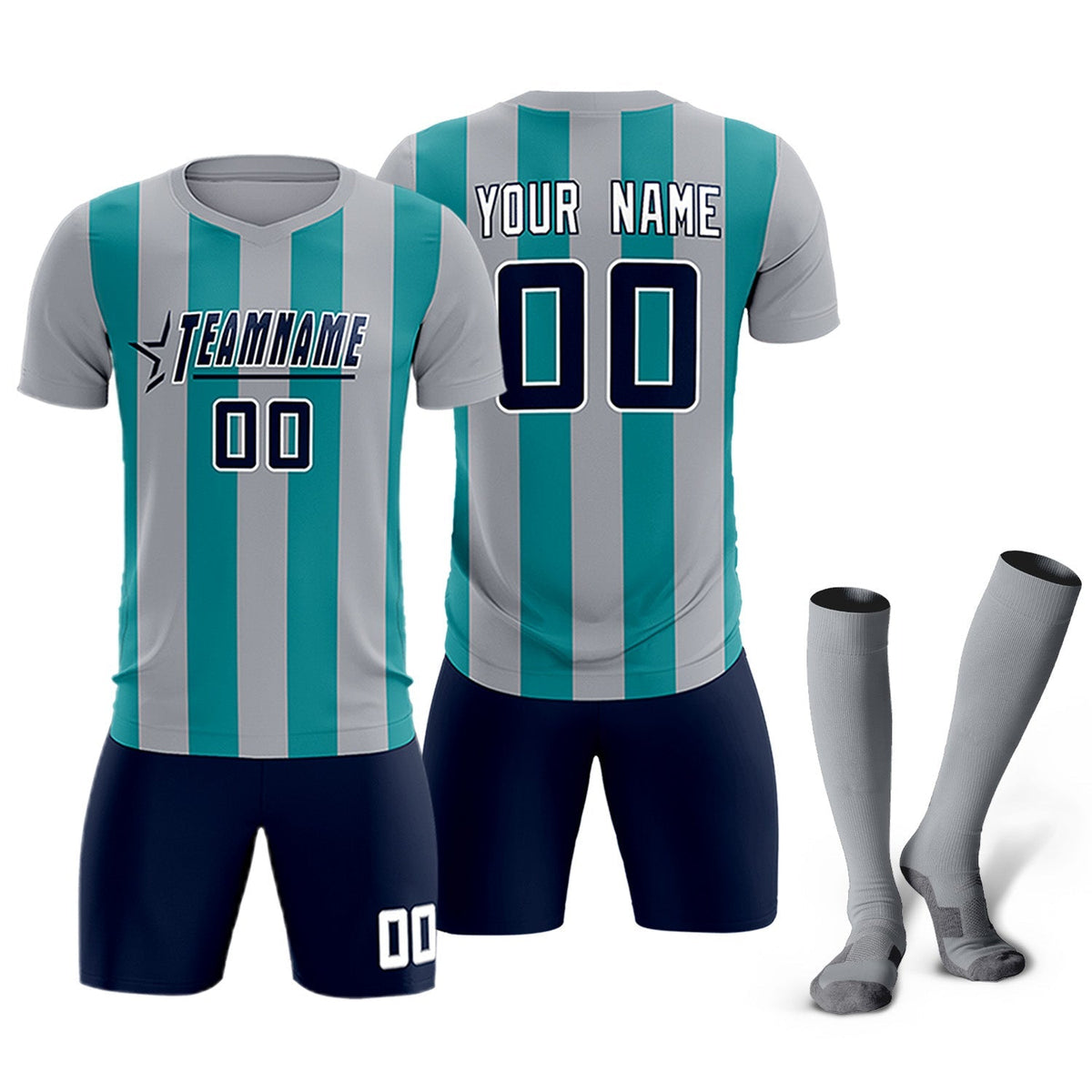 Custom Gray Aqua Vertical Stripes Casual Outdoor Football Kits Jersey