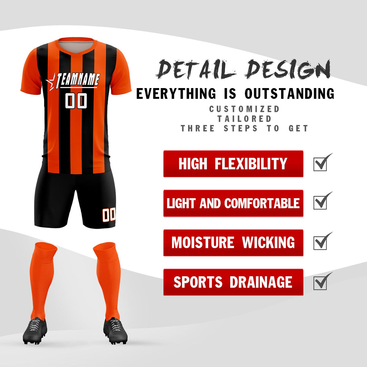 Custom Orange Black Vertical Stripes Casual Outdoor Football Kits Jersey