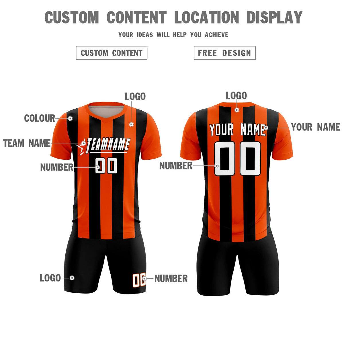 Custom Orange Black Vertical Stripes Casual Outdoor Soccer Sets Jersey