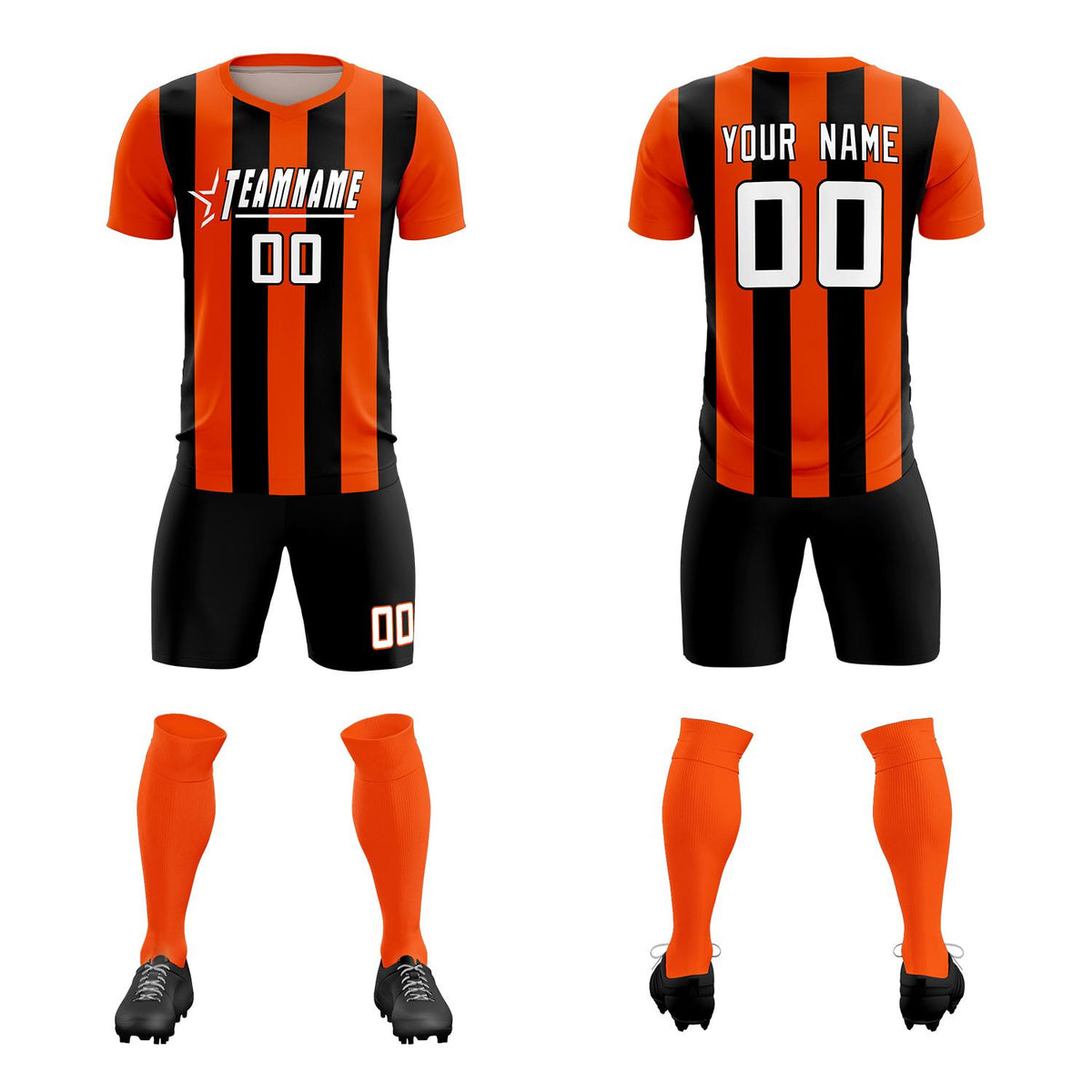 Custom Orange Black Vertical Stripes Casual Outdoor Soccer Sets Jersey