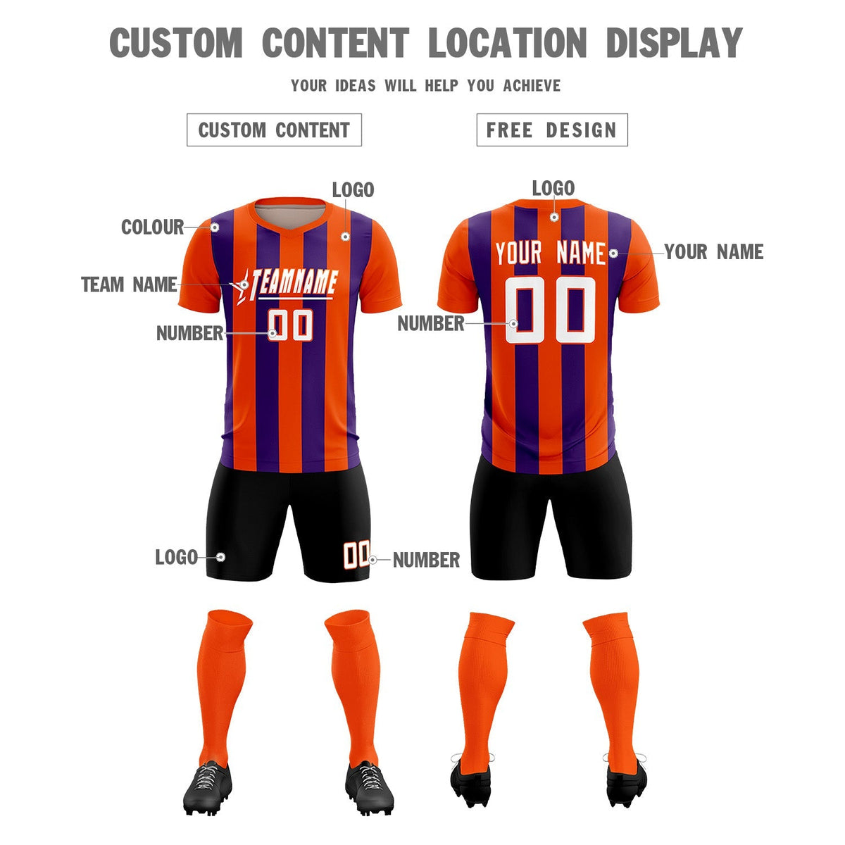 Custom Orange Purple Vertical Stripes Casual Outdoor Football Kits Jersey