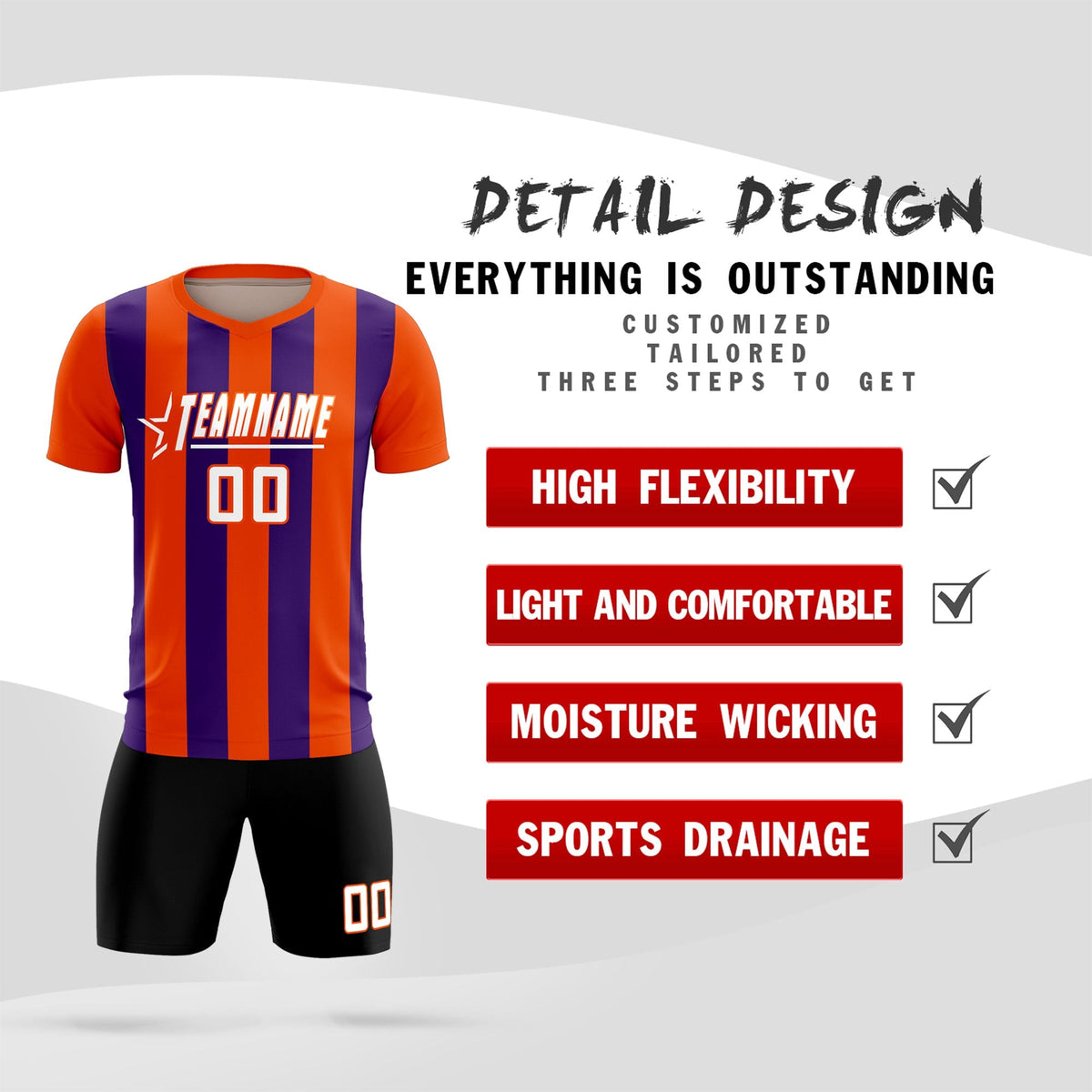 Custom Orange Purple Vertical Stripes Casual Outdoor Football Kits Jersey