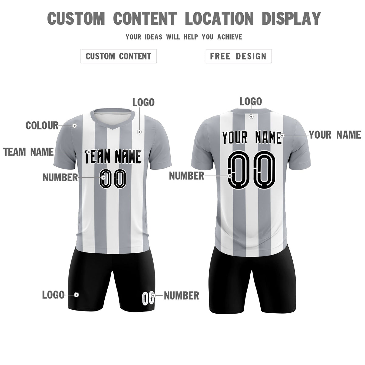 Custom White Gray Vertical Stripes Casual Outdoor Football Kits Jersey