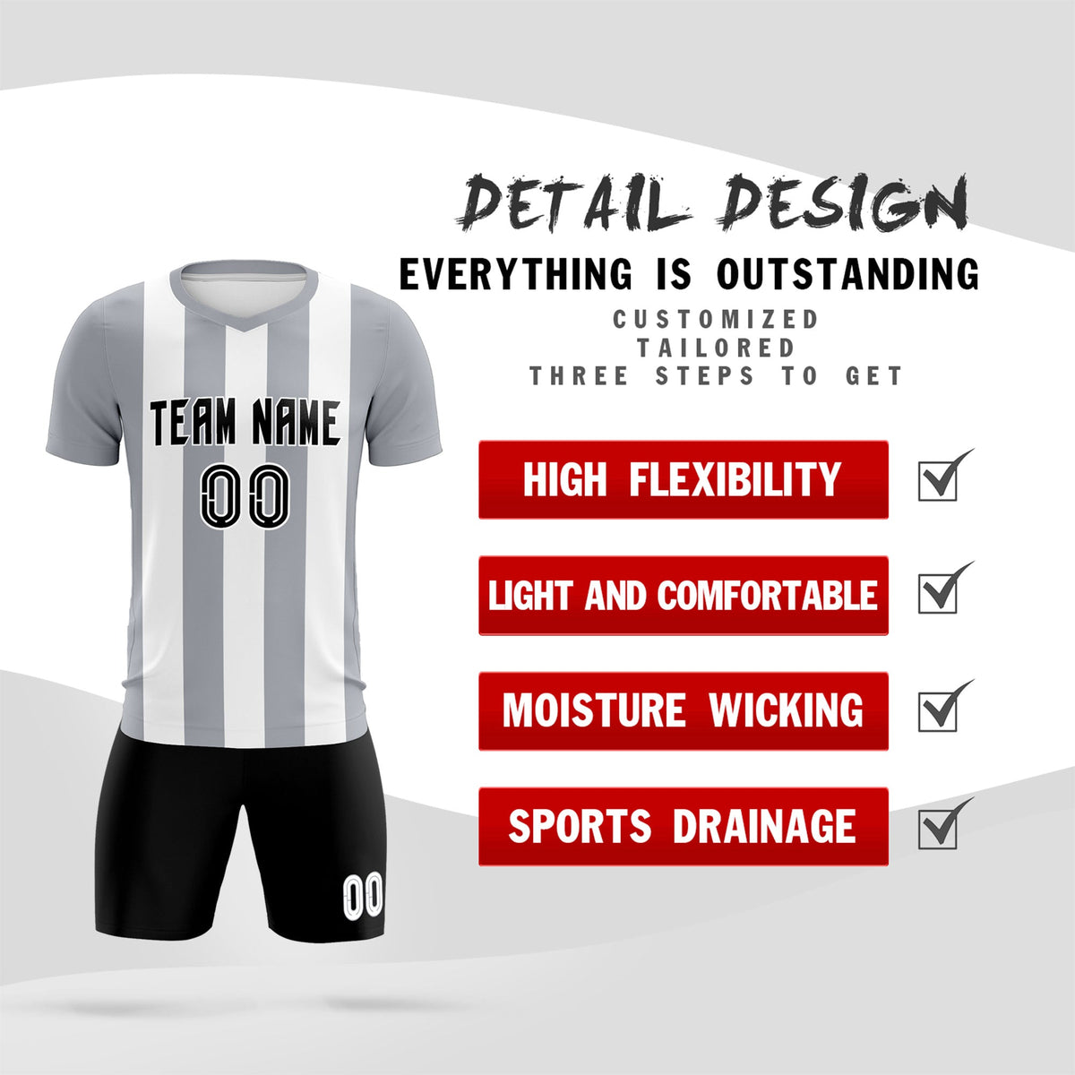 Custom White Gray Vertical Stripes Casual Outdoor Football Kits Jersey