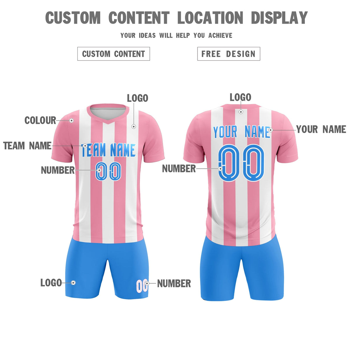 Custom White Light Pink Vertical Stripes Casual Outdoor Soccer Sets Jersey