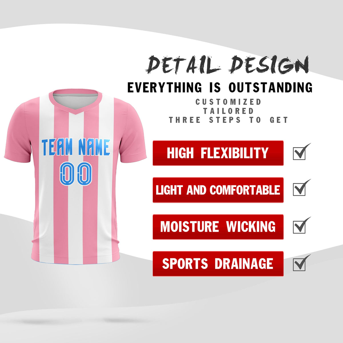 Custom White Light Pink Vertical Stripes Casual Outdoor Soccer Sets Jersey