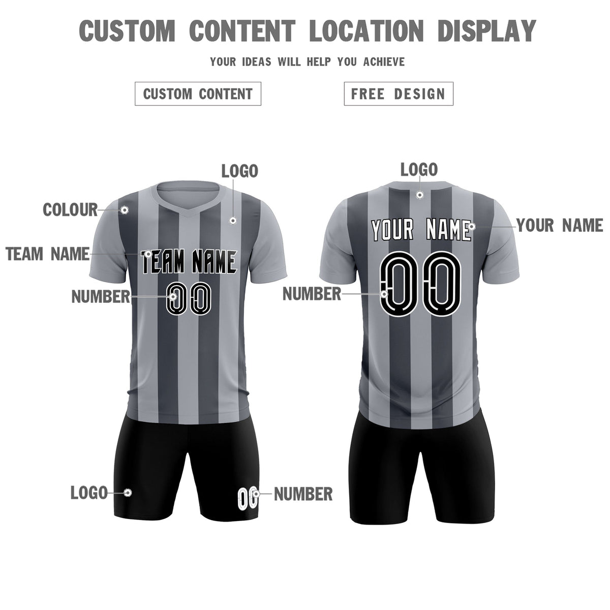 Custom Gray Dark Gray Vertical Stripes Casual Outdoor Football Kits Jersey
