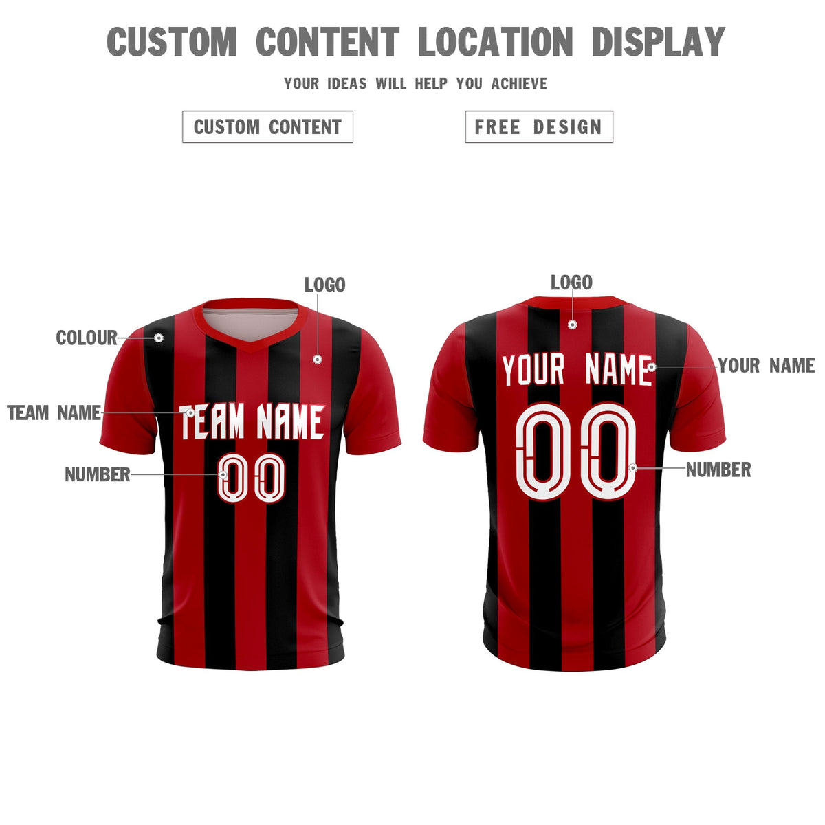 Custom Red Black Vertical Stripes Casual Outdoor Soccer Sets Jersey