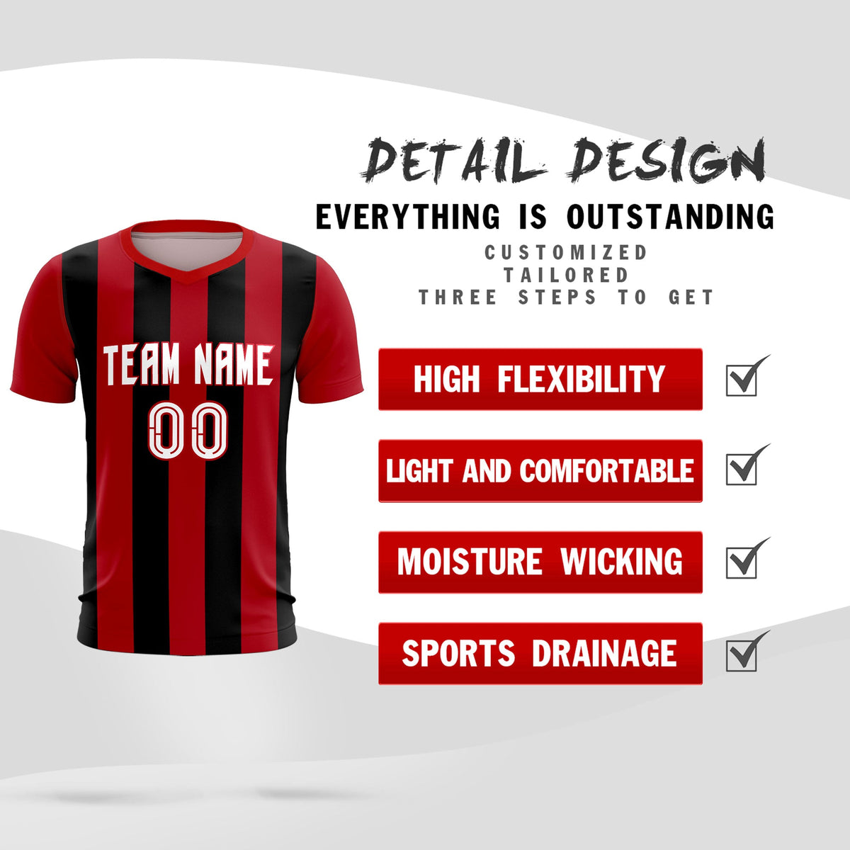 Custom Red Black Vertical Stripes Casual Outdoor Football Kits Jersey