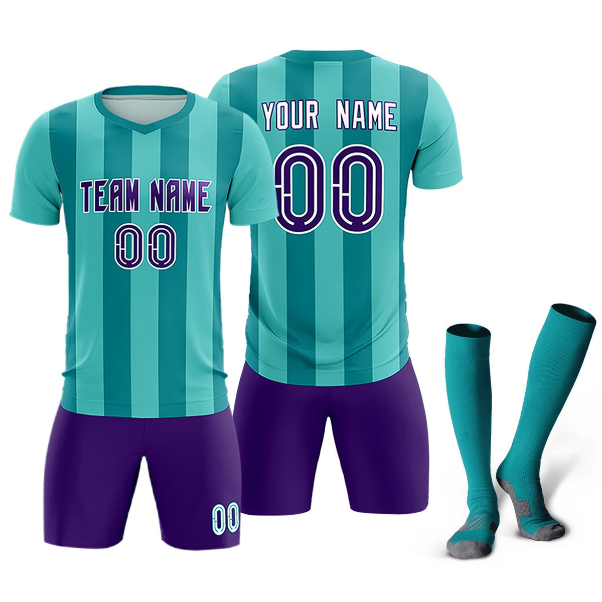 Custom Bright Green Aqua Vertical Stripes Casual Outdoor Soccer Sets Jersey