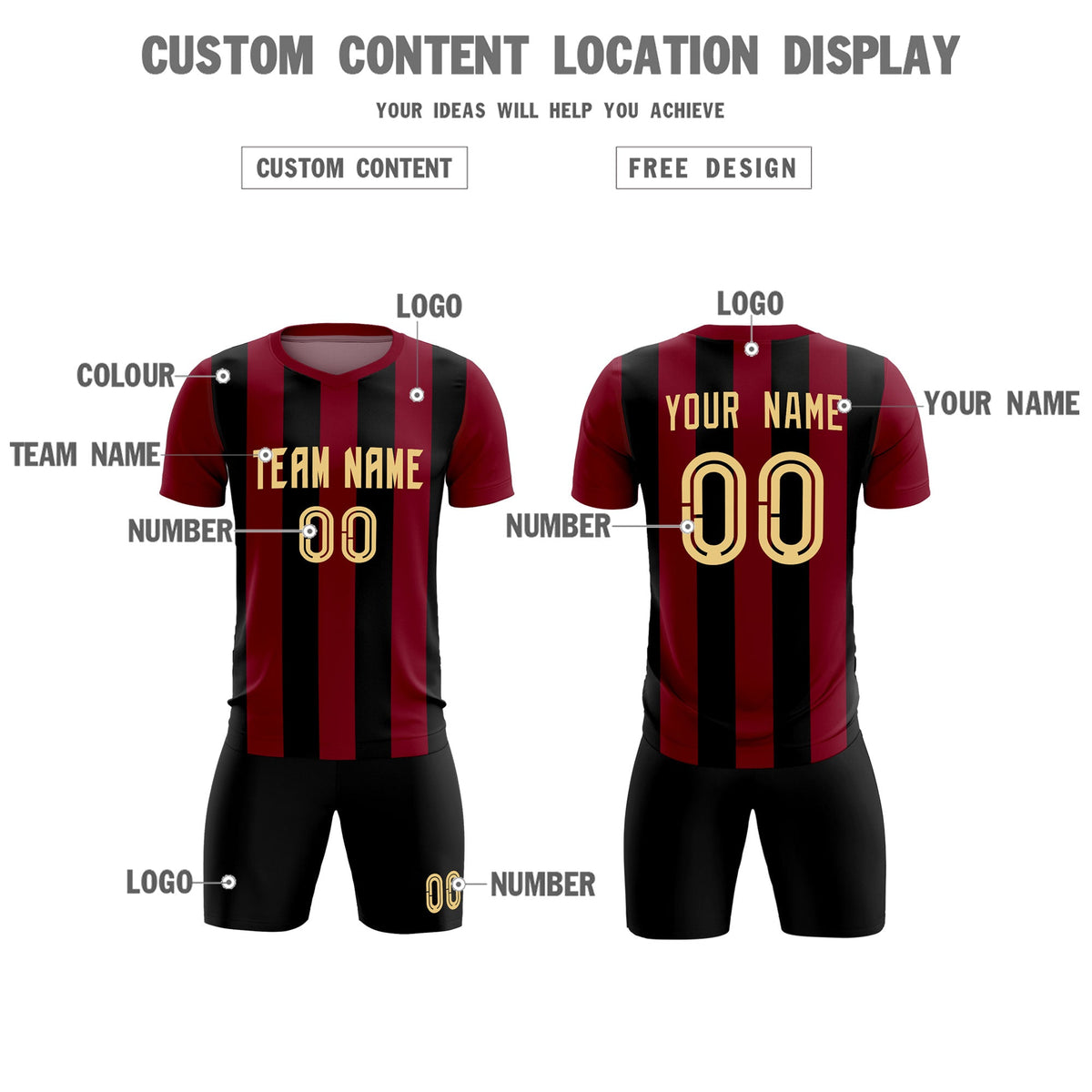 Custom Crimson Black Vertical Stripes Casual Outdoor Football Kits Jersey