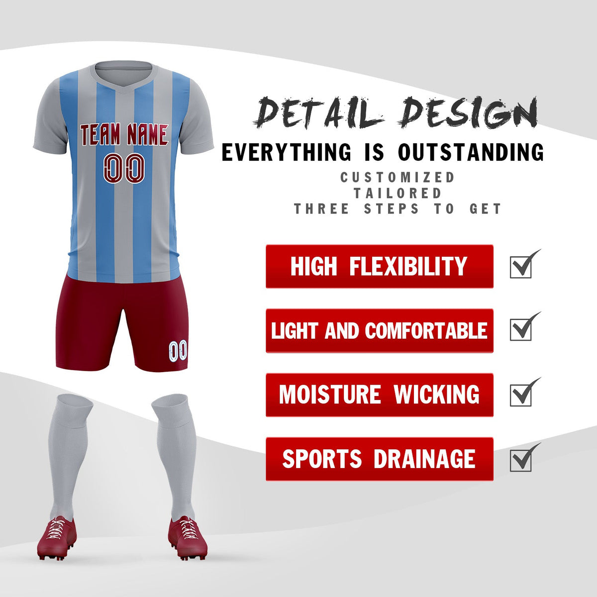 Custom Gray Light Blue Vertical Stripes Casual Outdoor Football Kits Jersey