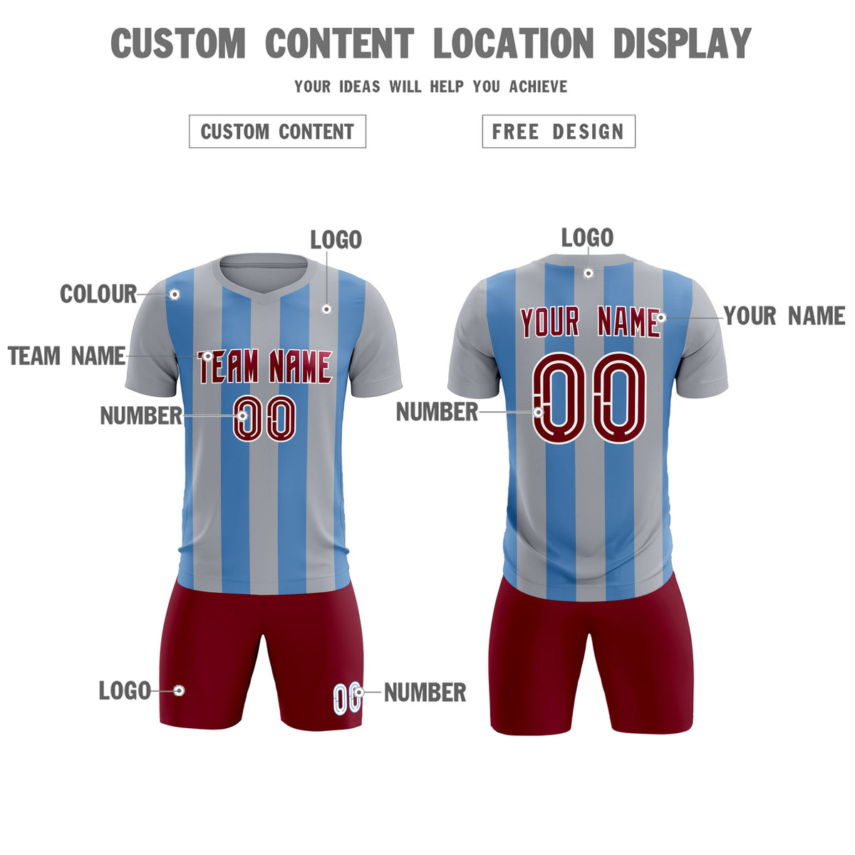 Custom Gray Light Blue Vertical Stripes Casual Outdoor Football Kits Jersey
