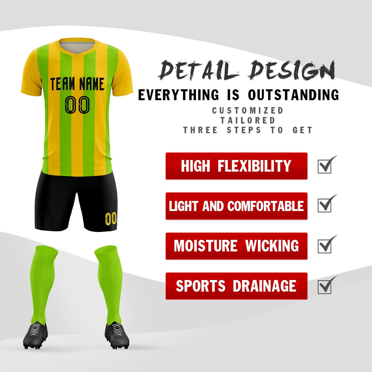 Custom Gold Neon Green Vertical Stripes Casual Outdoor Football Kits Jersey