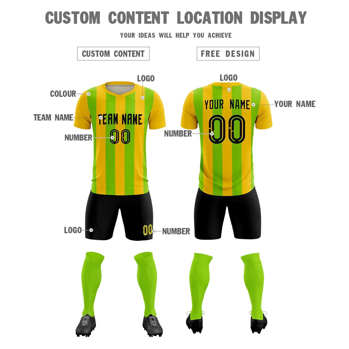 Custom Gold Neon Green Vertical Stripes Casual Outdoor Soccer Sets Jersey