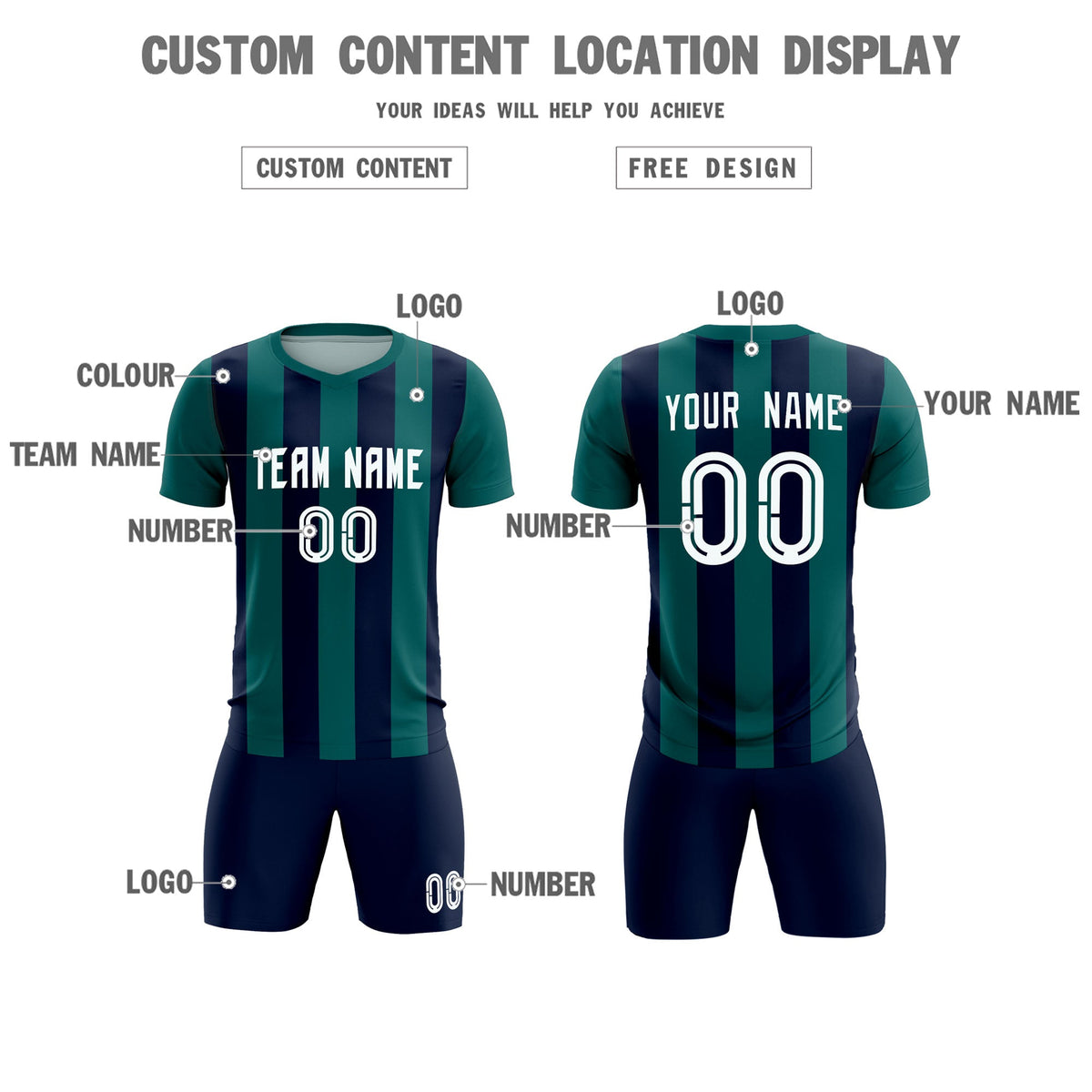 Custom Aqua Navy Vertical Stripes Casual Outdoor Soccer Sets Jersey