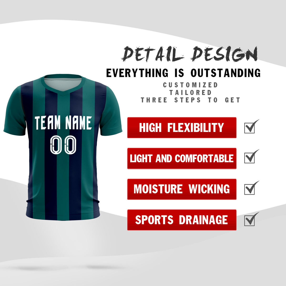 Custom Aqua Navy Vertical Stripes Casual Outdoor Football Kits Jersey
