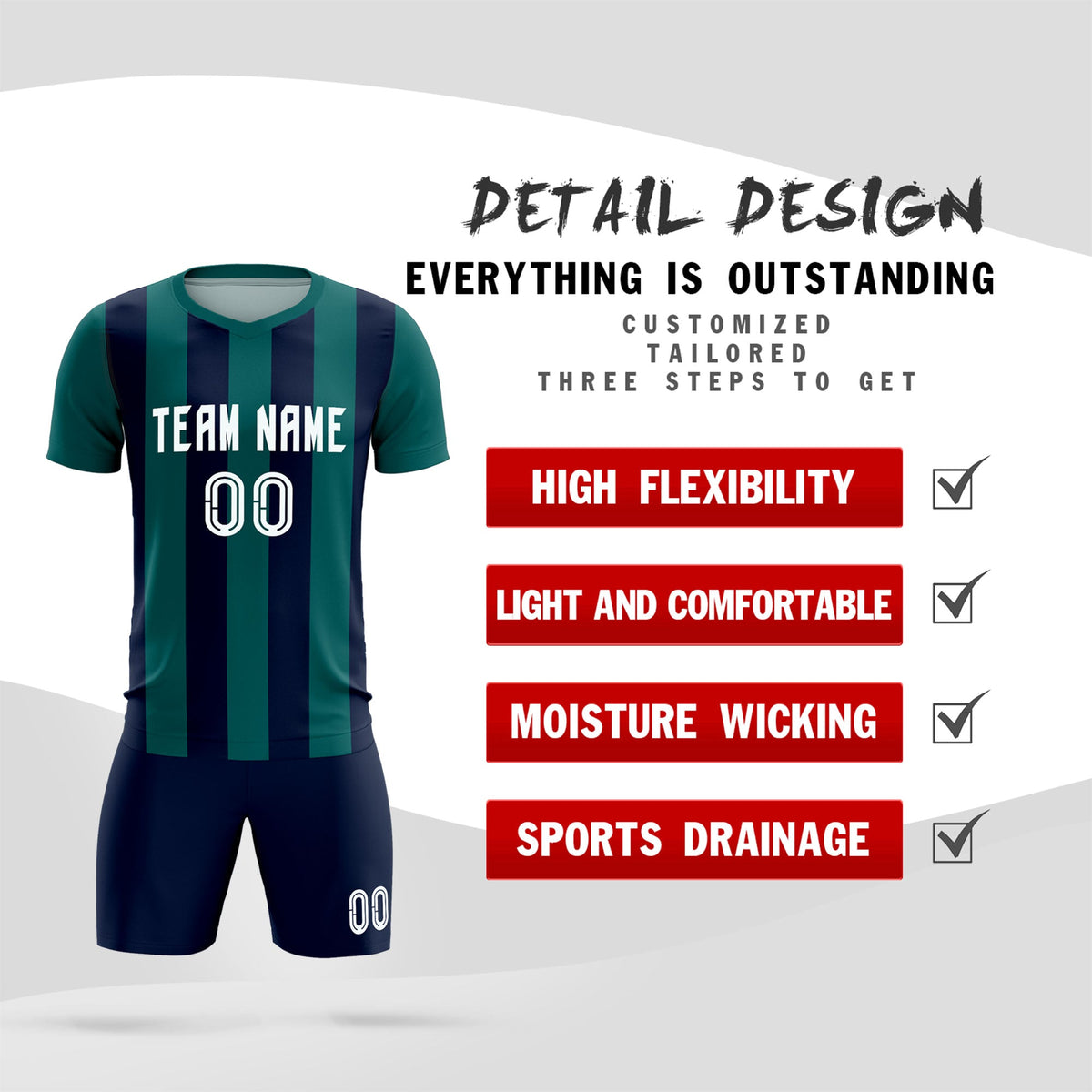 Custom Aqua Navy Vertical Stripes Casual Outdoor Football Kits Jersey