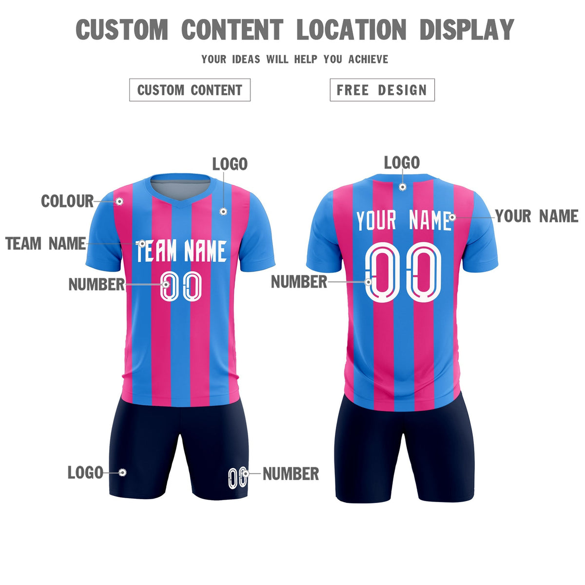 Custom Powder Blue Pink Vertical Stripes Casual Outdoor Football Kits Jersey