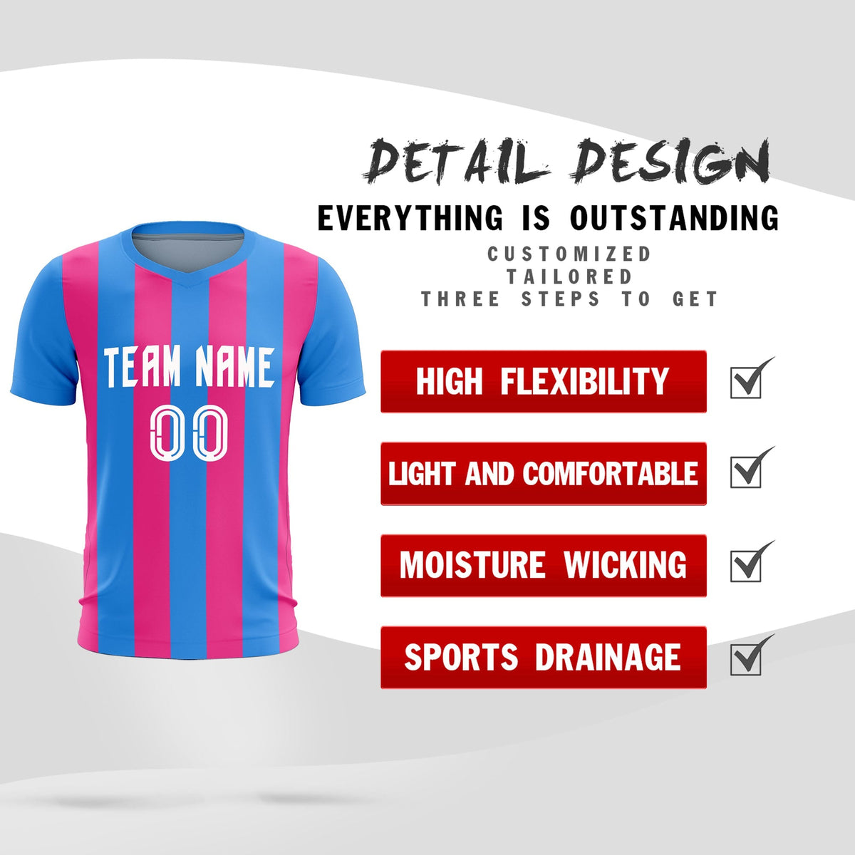 Custom Powder Blue Pink Vertical Stripes Casual Outdoor Football Kits Jersey