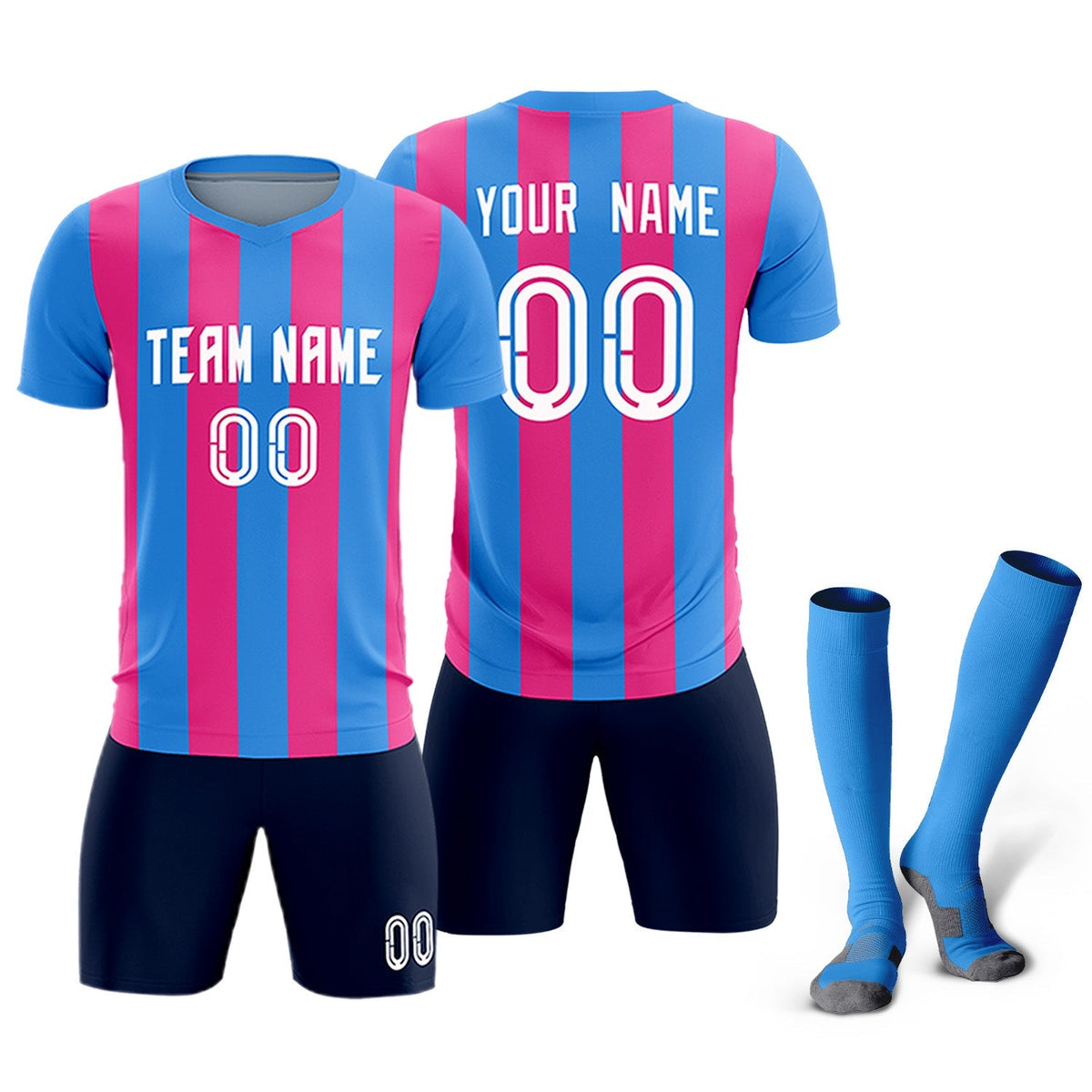 Custom Powder Blue Pink Vertical Stripes Casual Outdoor Soccer Sets Jersey