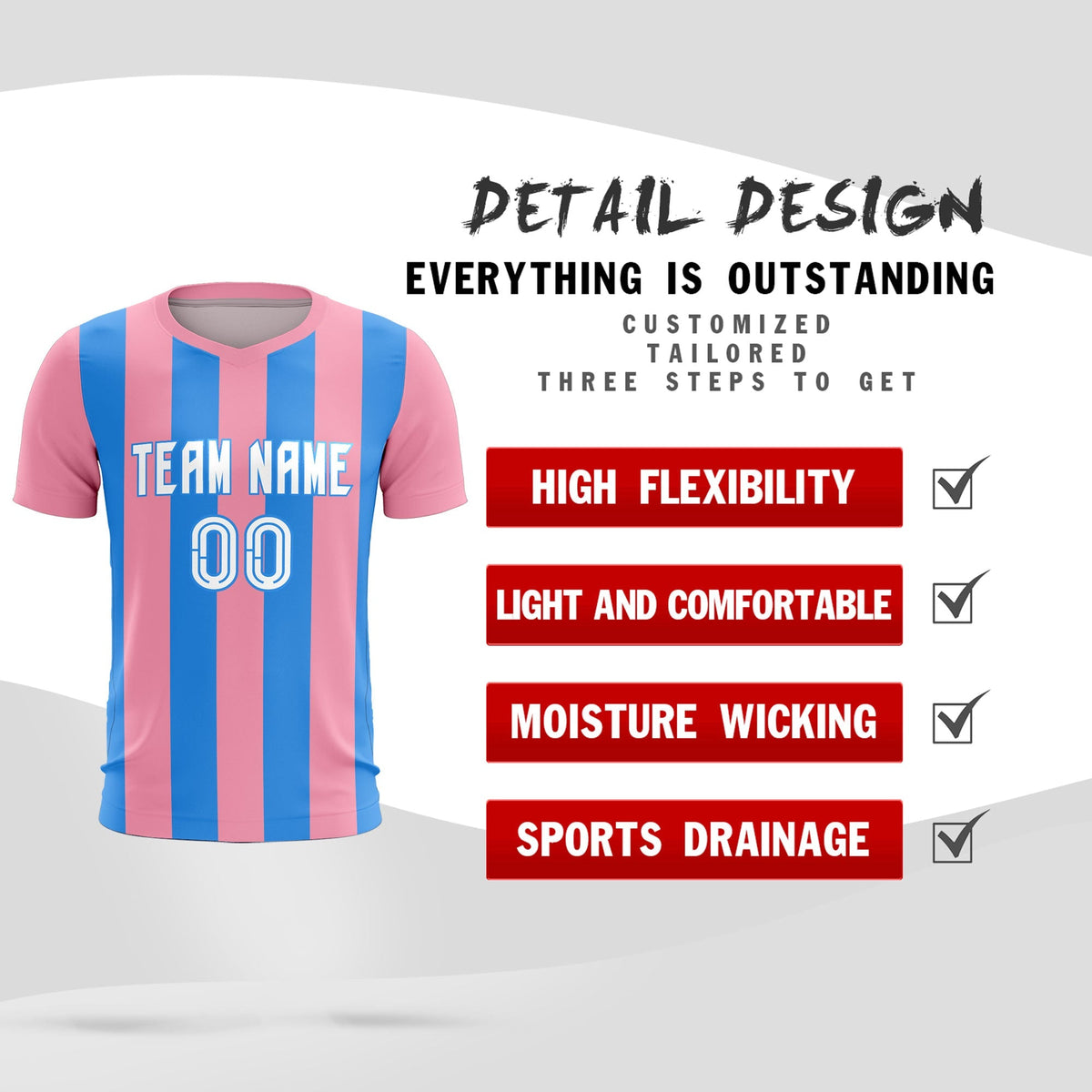Custom Light Pink Powder Blue Vertical Stripes Casual Outdoor Football Kits Jersey