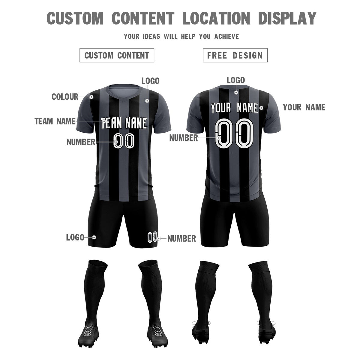 Custom Dark Gray Black Vertical Stripes Casual Outdoor Football Kits Jersey