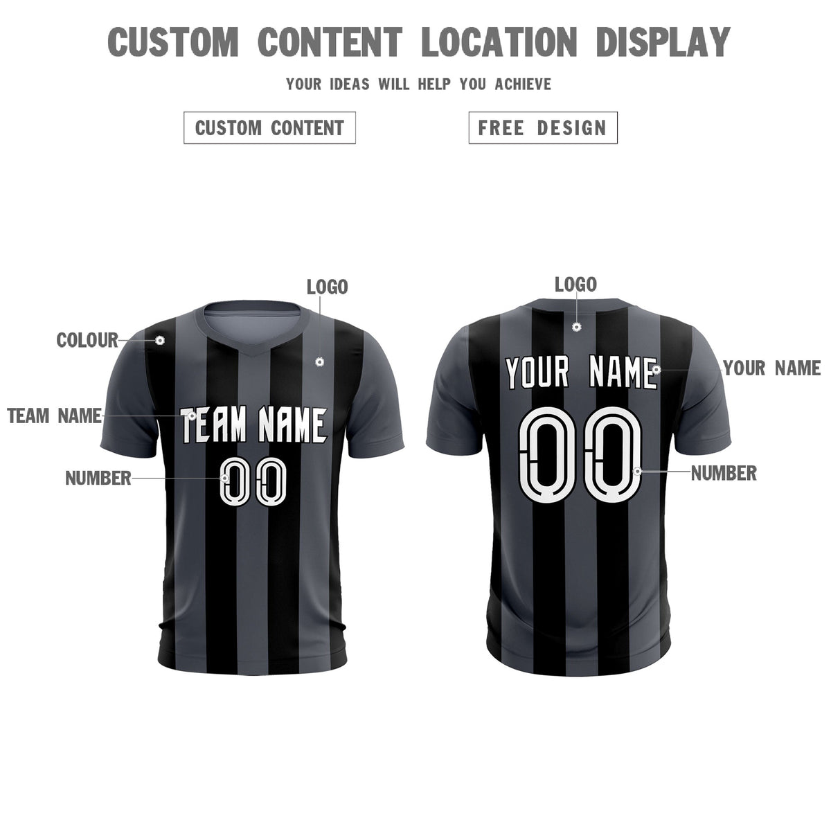 Custom Dark Gray Black Vertical Stripes Casual Outdoor Soccer Sets Jersey