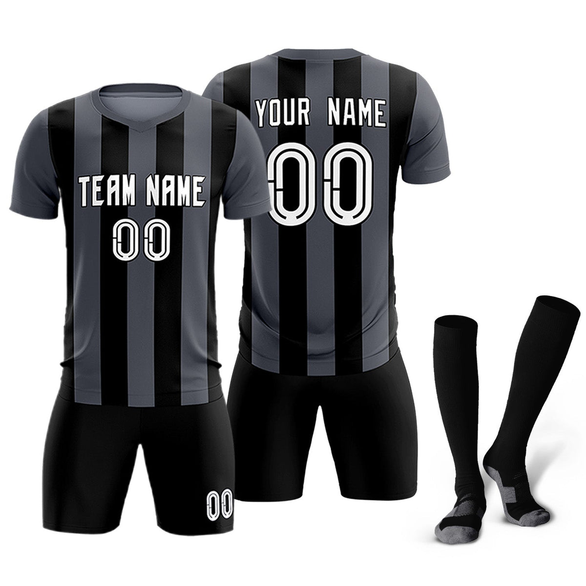 Custom Dark Gray Black Vertical Stripes Casual Outdoor Soccer Sets Jersey