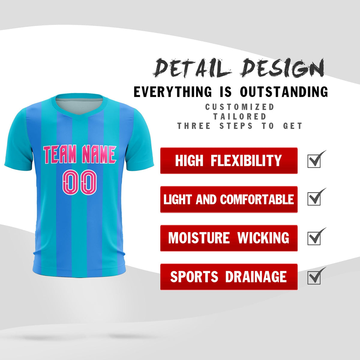 Custom Sky Blue Powder Blue Vertical Stripes Casual Outdoor Football Kits Jersey