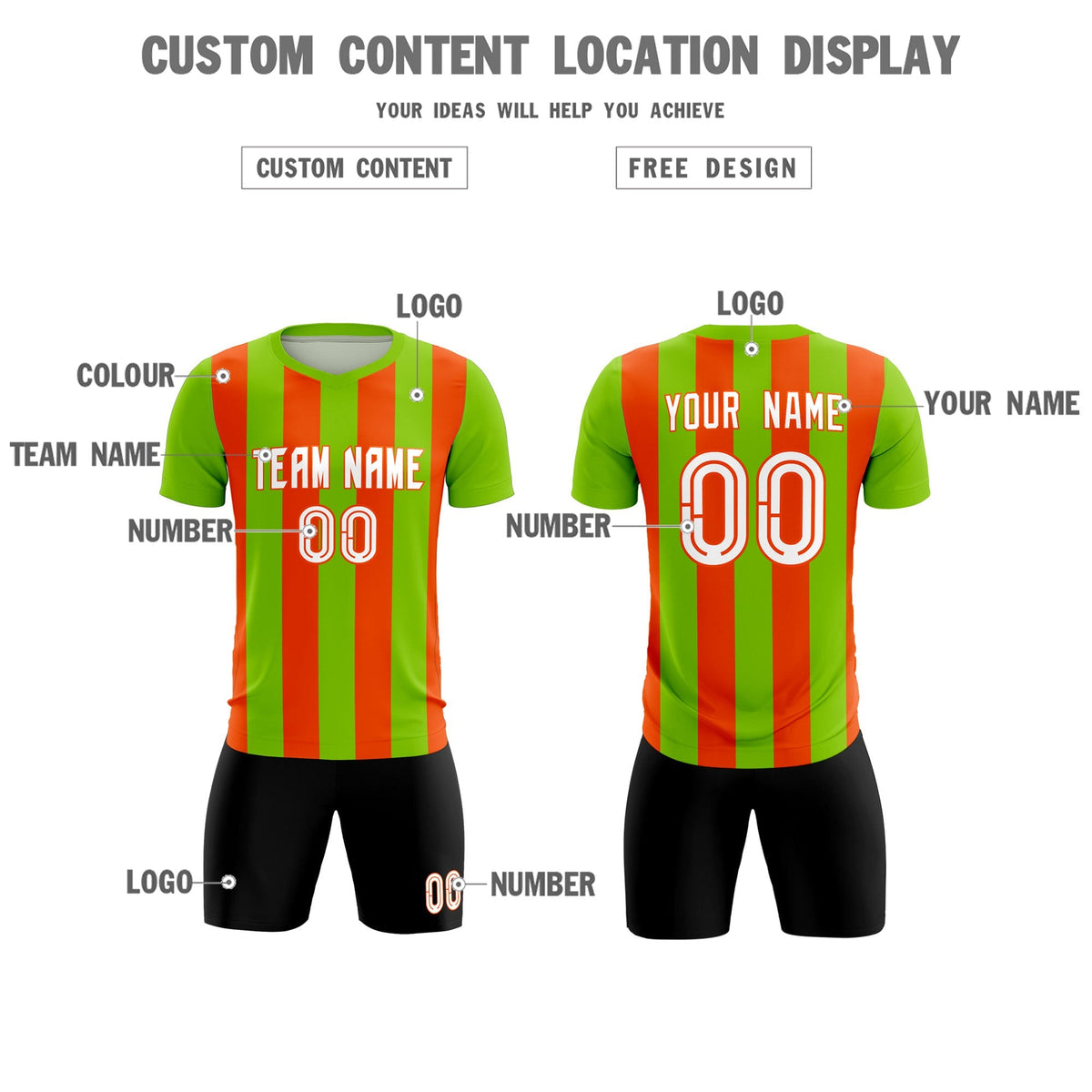 Custom Neon Green Orange Vertical Stripes Casual Outdoor Football Kits Jersey