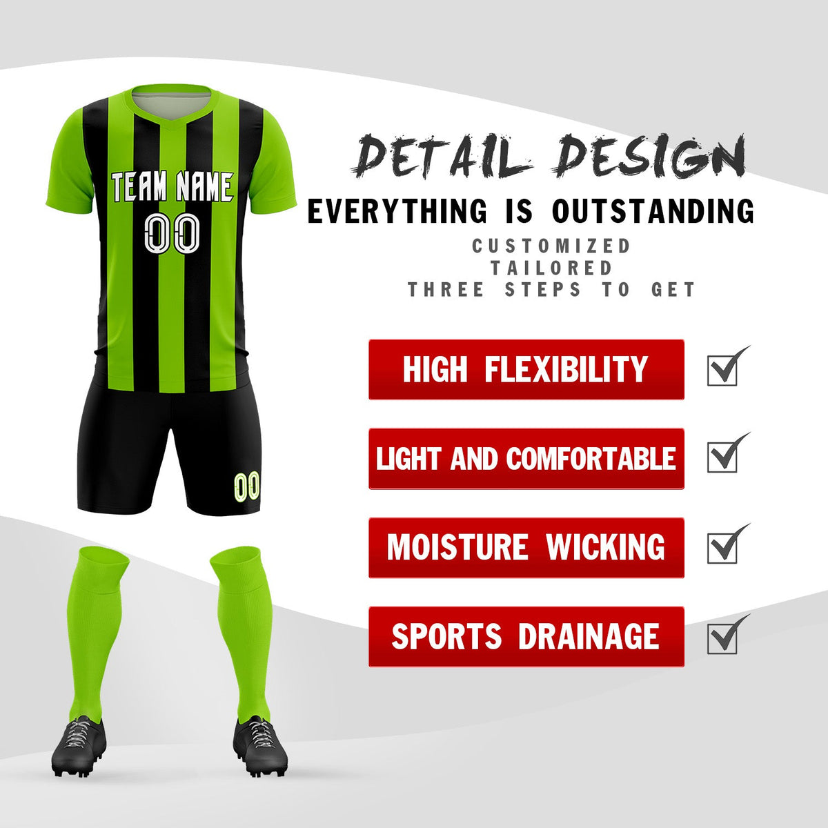 Custom Neon Green Black Vertical Stripes Casual Outdoor Football Kits Jersey