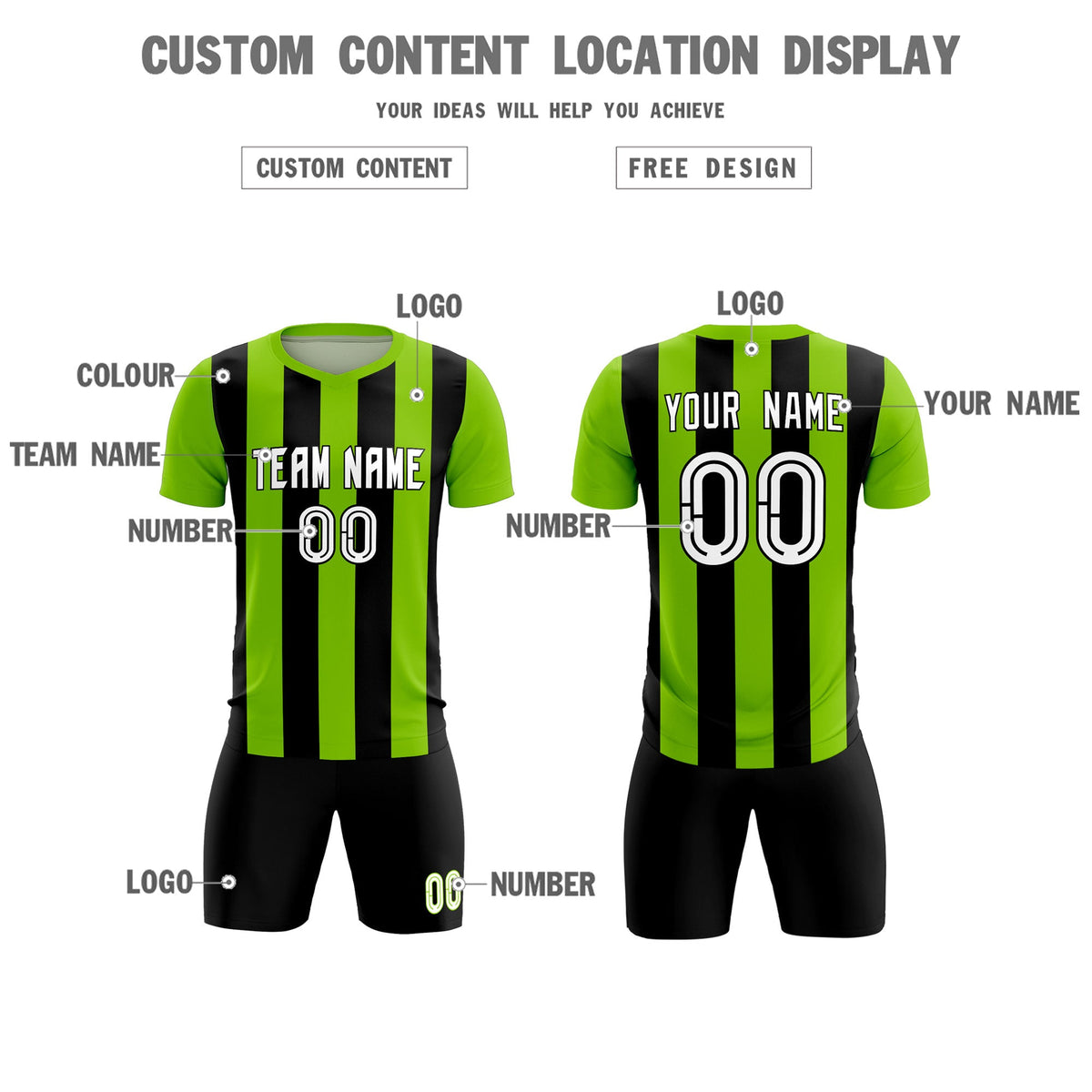 Custom Neon Green Black Vertical Stripes Casual Outdoor Soccer Sets Jersey