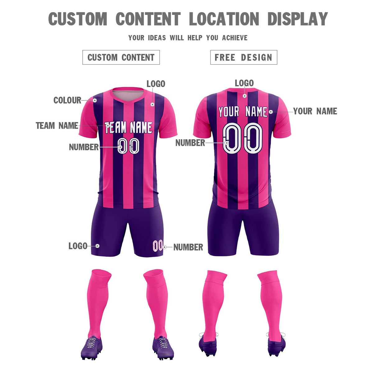 Custom Pink Purple Vertical Stripes Casual Outdoor Football Kits Jersey