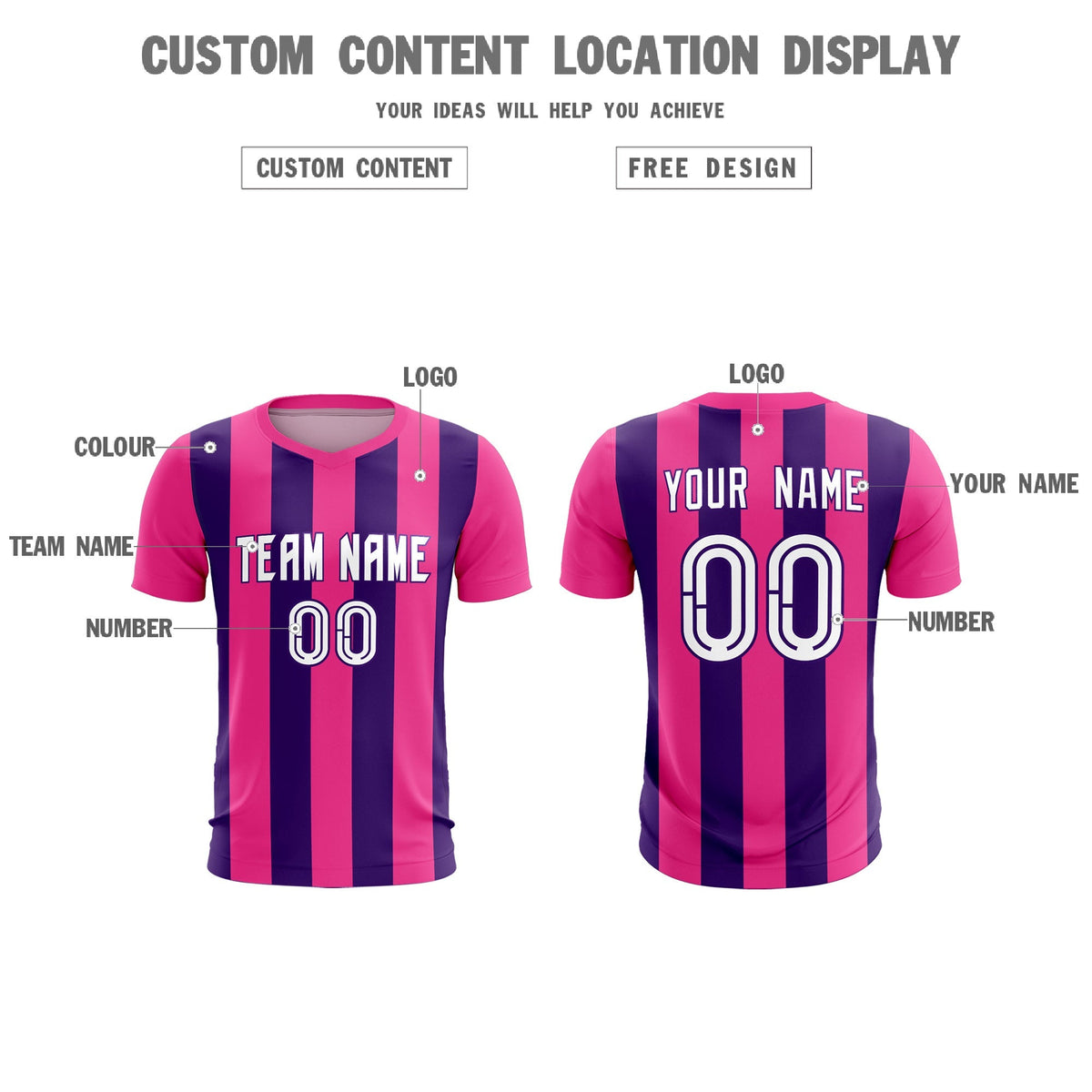 Custom Pink Purple Vertical Stripes Casual Outdoor Soccer Sets Jersey
