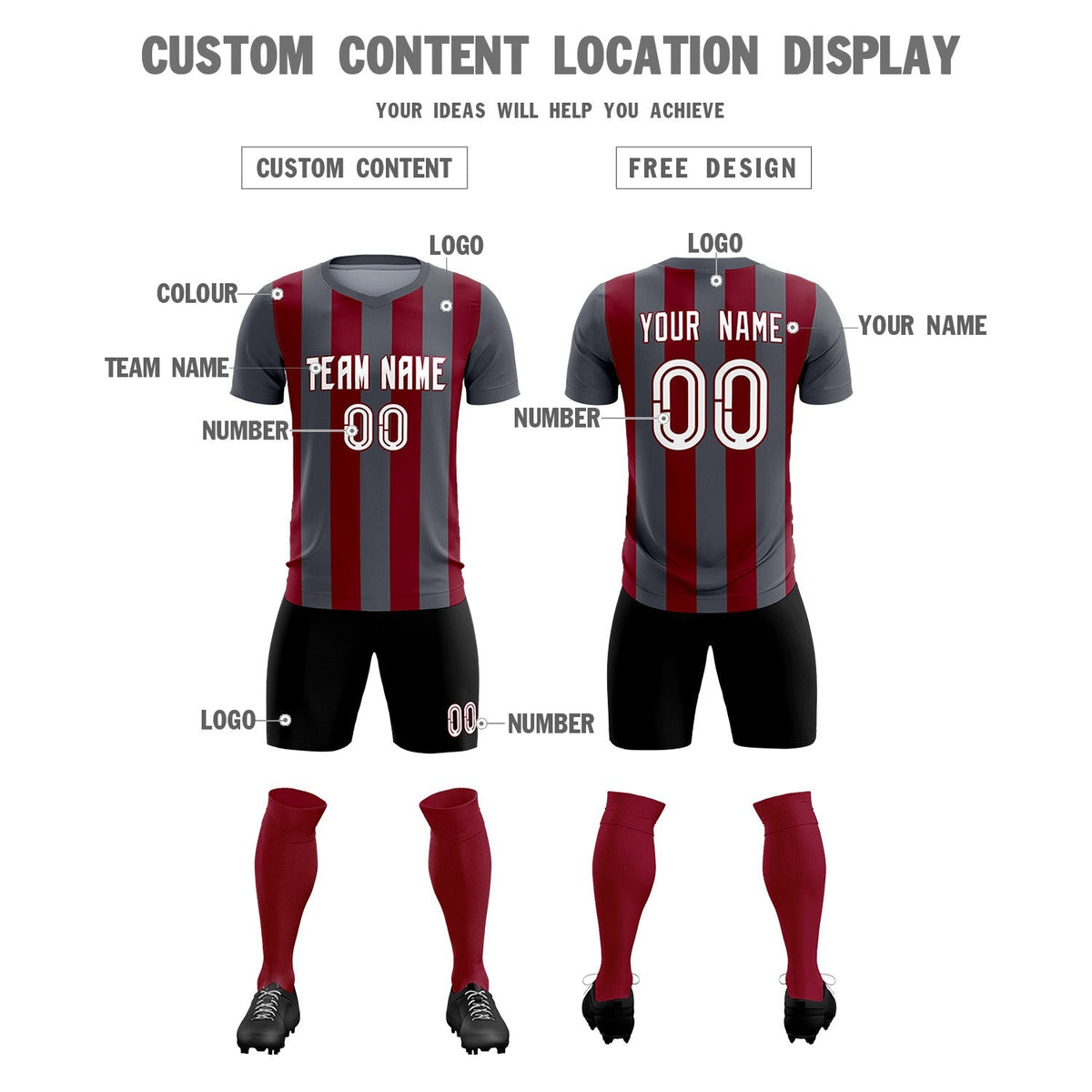 Custom Dark Gray Crimson Vertical Stripes Casual Outdoor Soccer Sets Jersey