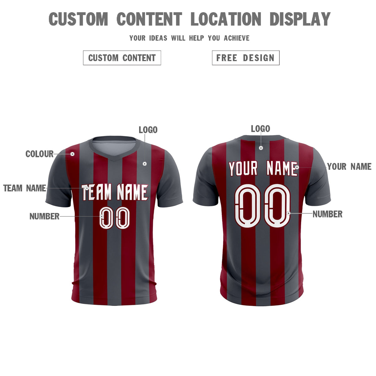 Custom Dark Gray Crimson Vertical Stripes Casual Outdoor Soccer Sets Jersey