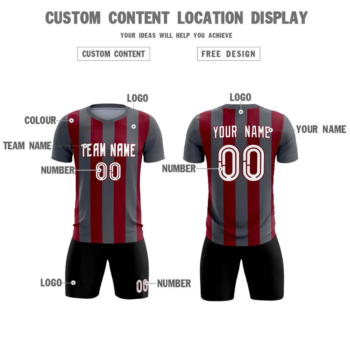 Custom Dark Gray Crimson Vertical Stripes Casual Outdoor Soccer Sets Jersey