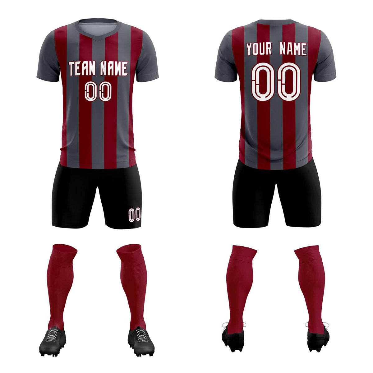 Custom Dark Gray Crimson Vertical Stripes Casual Outdoor Soccer Sets Jersey