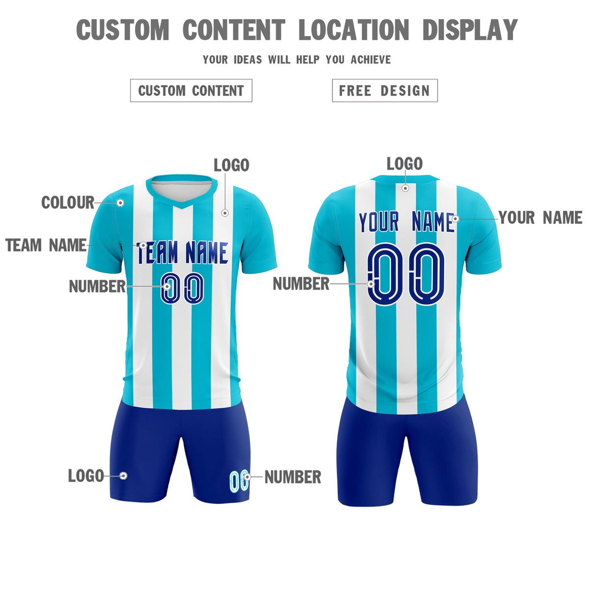 Custom White Sky Blue Vertical Stripes Casual Outdoor Soccer Sets Jersey