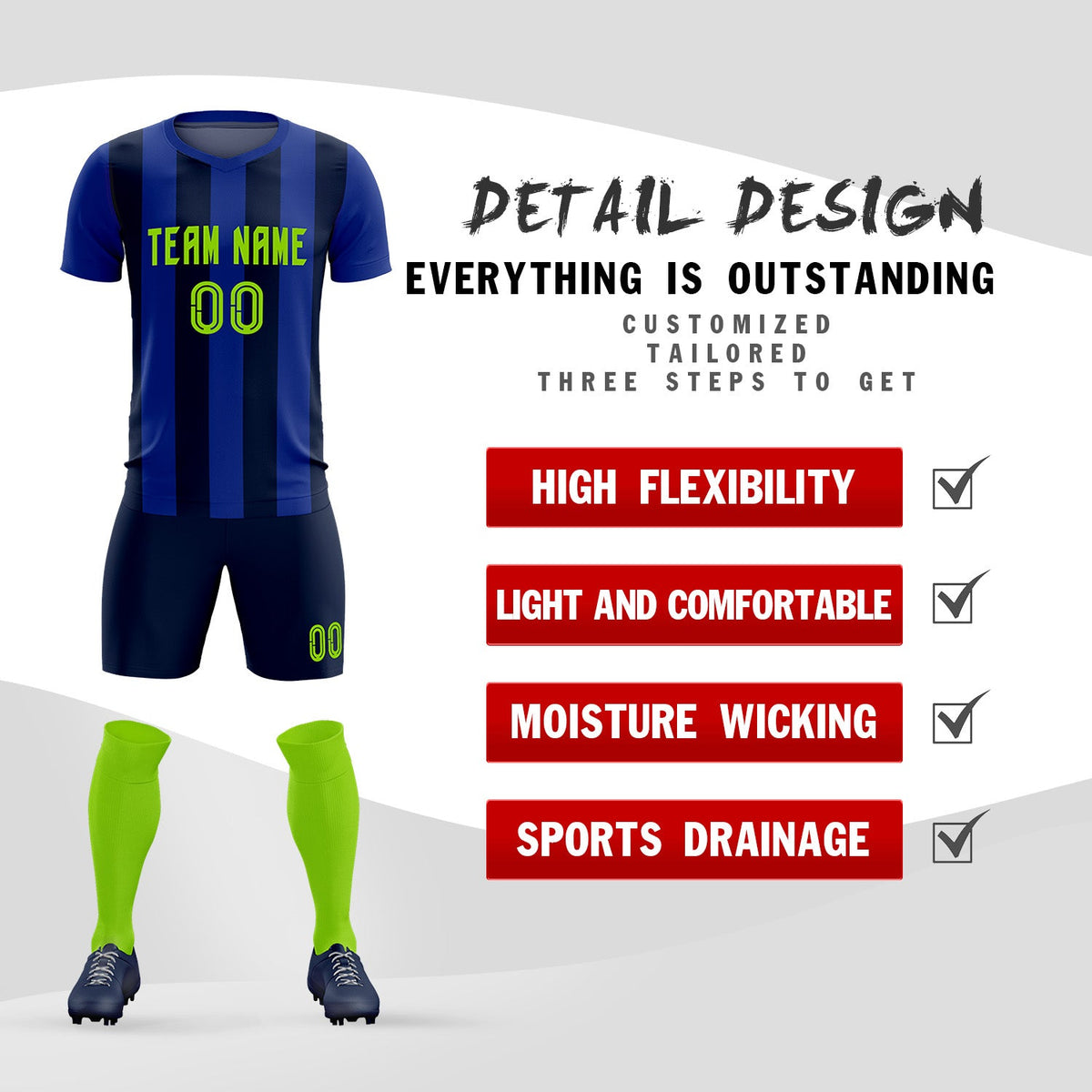 Custom Royal Navy Vertical Stripes Casual Outdoor Soccer Sets Jersey