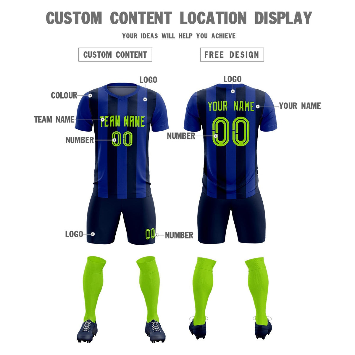 Custom Royal Navy Vertical Stripes Casual Outdoor Football Kits Jersey
