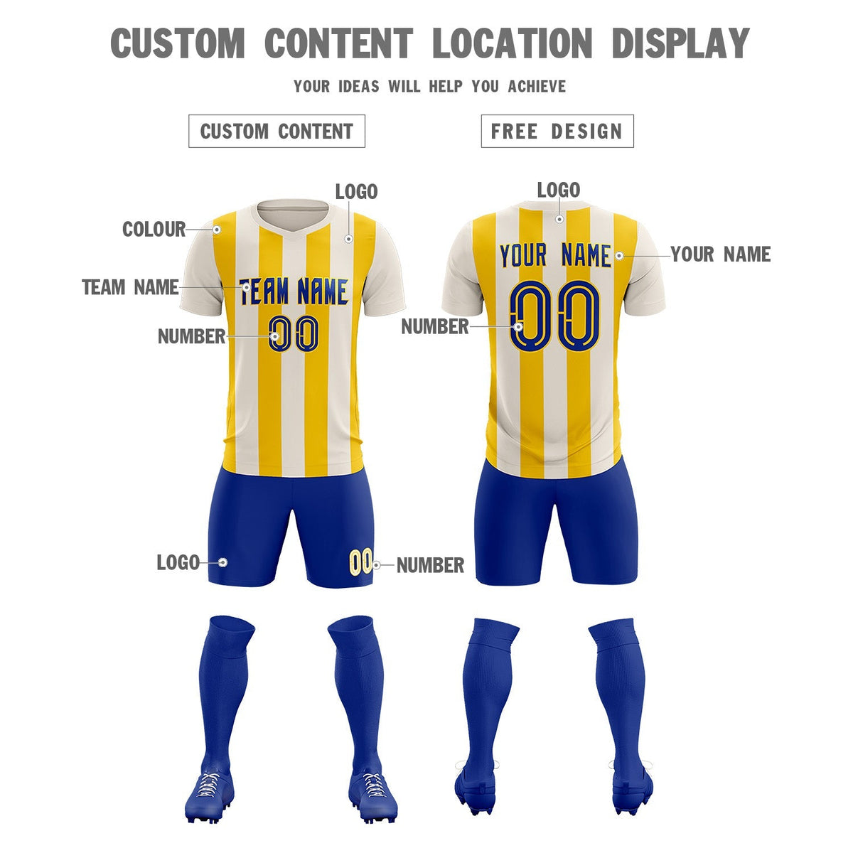 Custom Cream Gold Vertical Stripes Casual Outdoor Football Kits Jersey