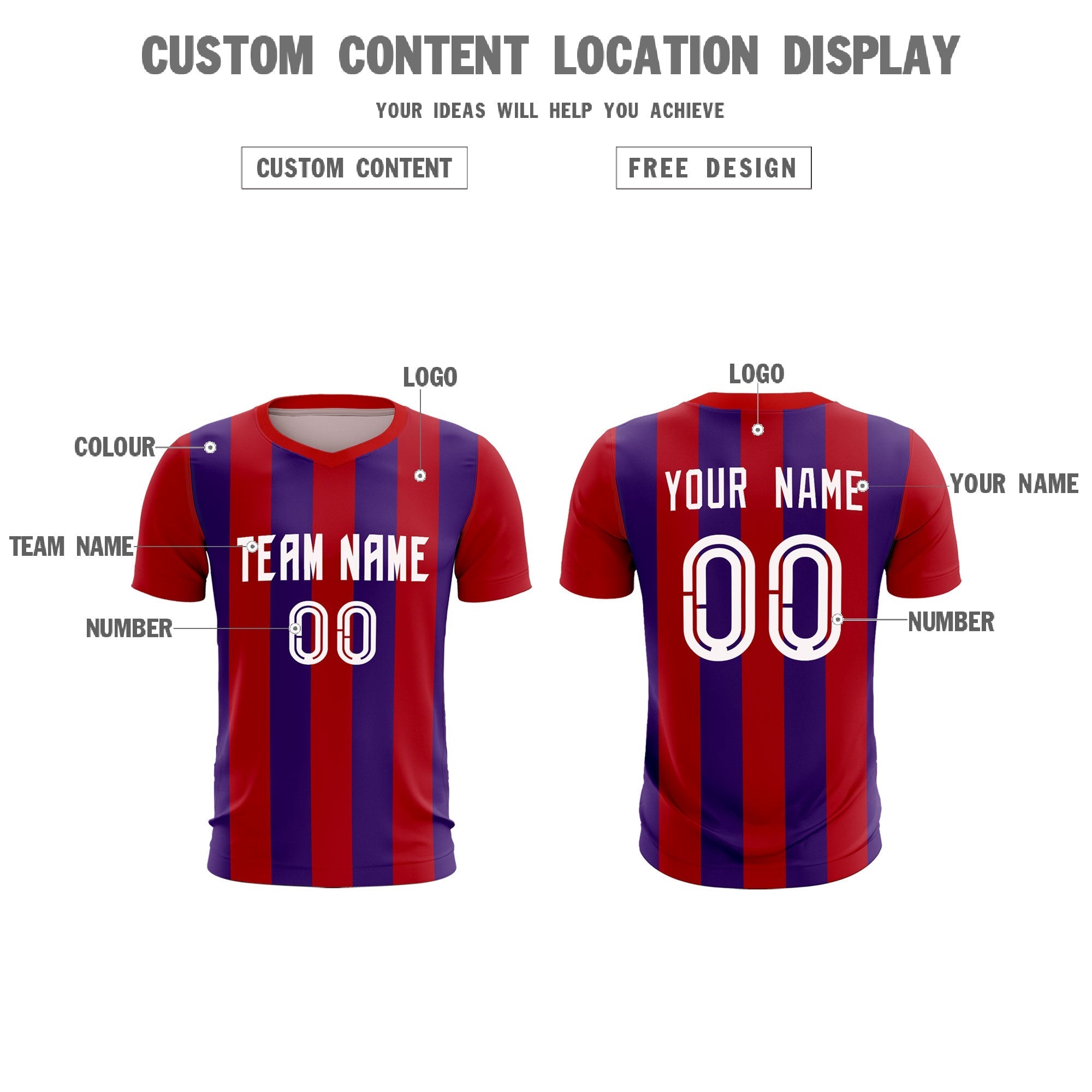 Custom Red Purple Vertical Stripes Casual Outdoor Soccer Sets Jersey