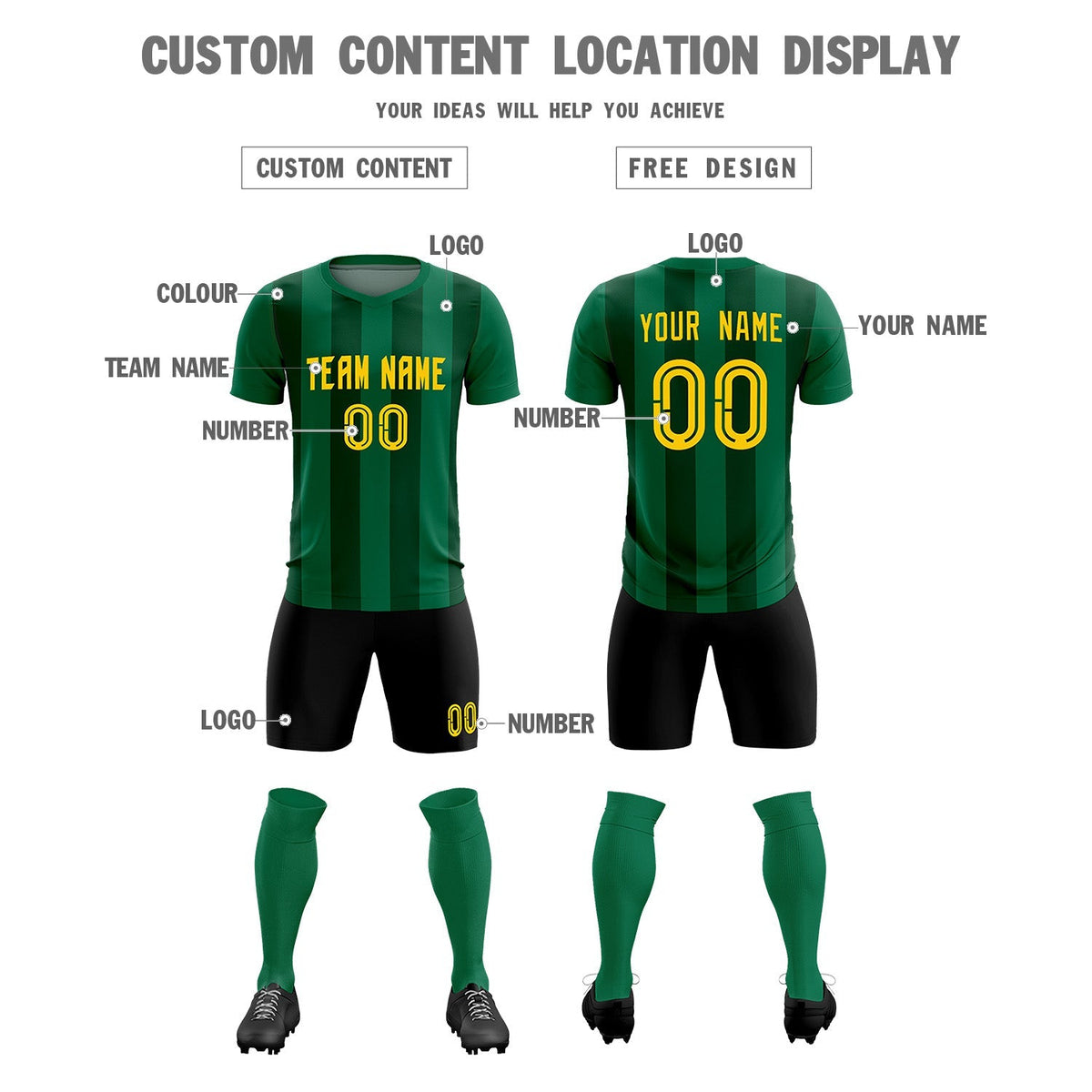 Custom Kelly Green Green Vertical Stripes Casual Outdoor Football Kits Jersey