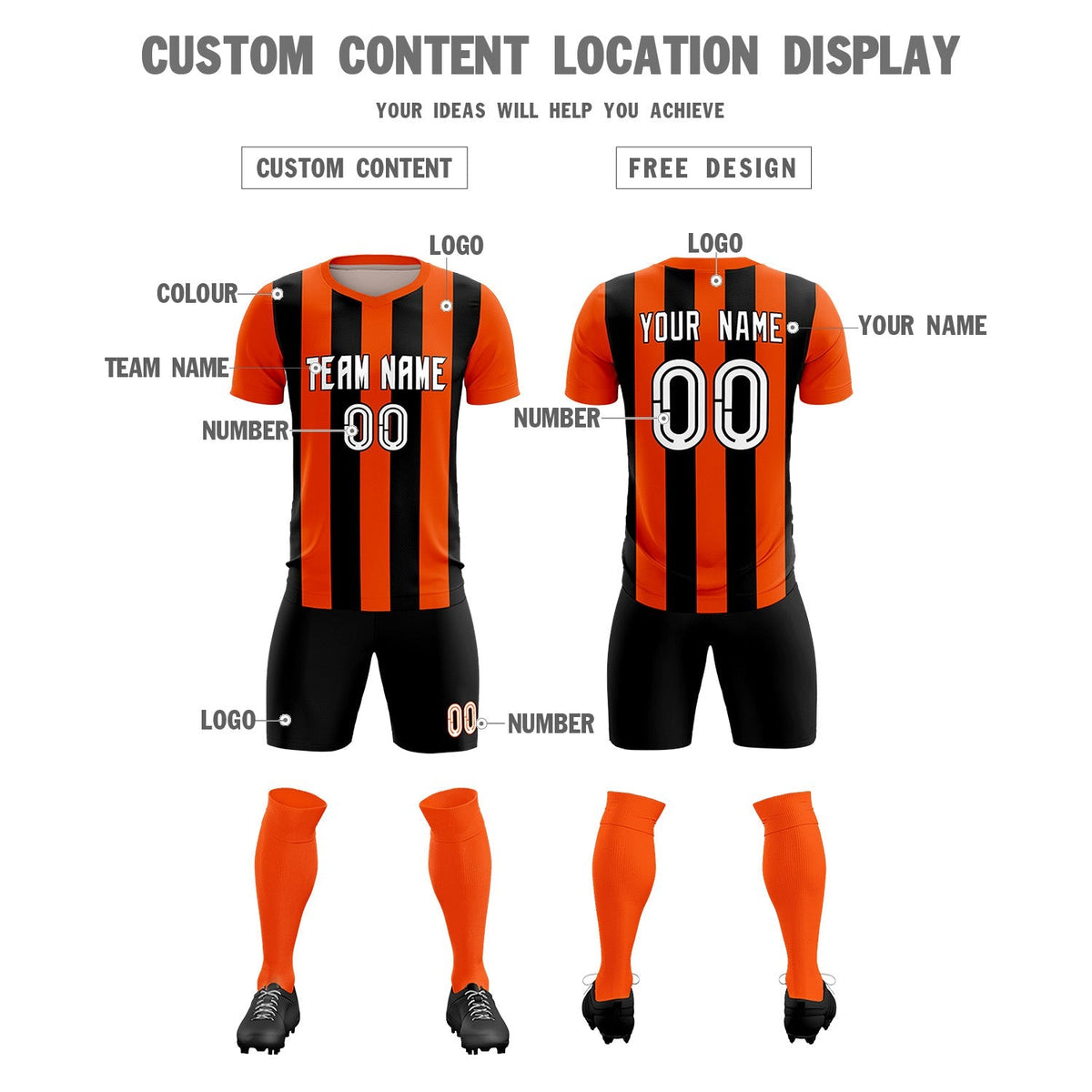Custom Orange Black Vertical Stripes Casual Outdoor Soccer Sets Jersey