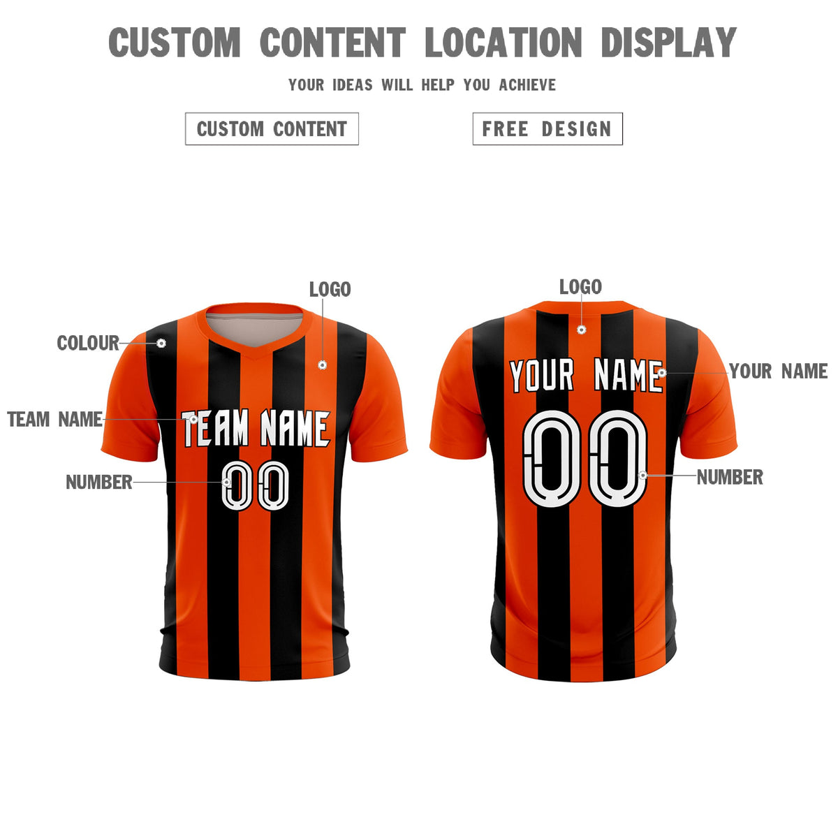 Custom Orange Black Vertical Stripes Casual Outdoor Soccer Sets Jersey