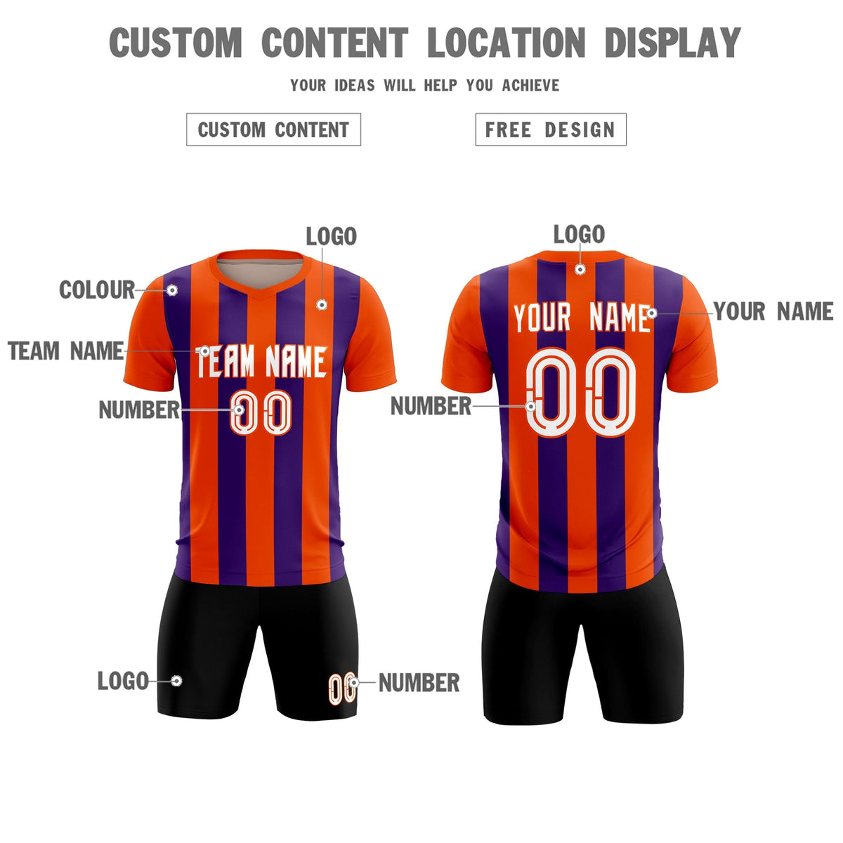 Custom Orange Purple Vertical Stripes Casual Outdoor Football Kits Jersey
