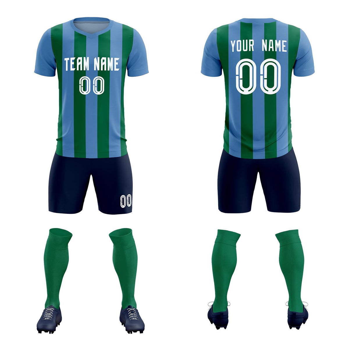 Custom Light Blue Kelly Green Vertical Stripes Casual Outdoor Soccer Sets Jersey