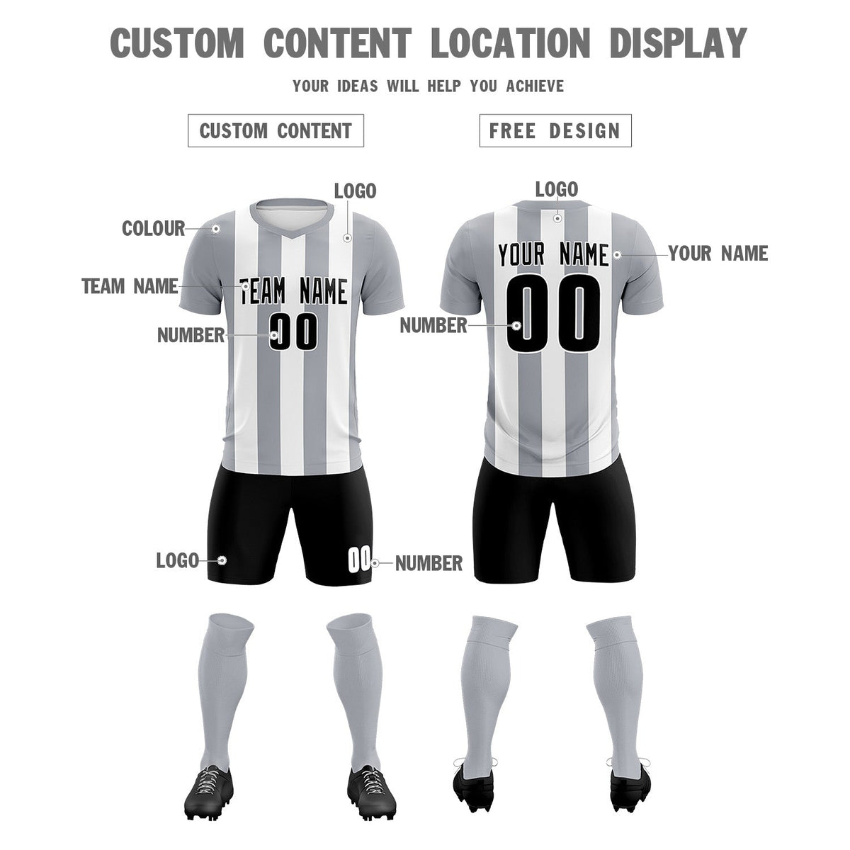 Custom White Gray Vertical Stripes Casual Outdoor Football Kits Jersey